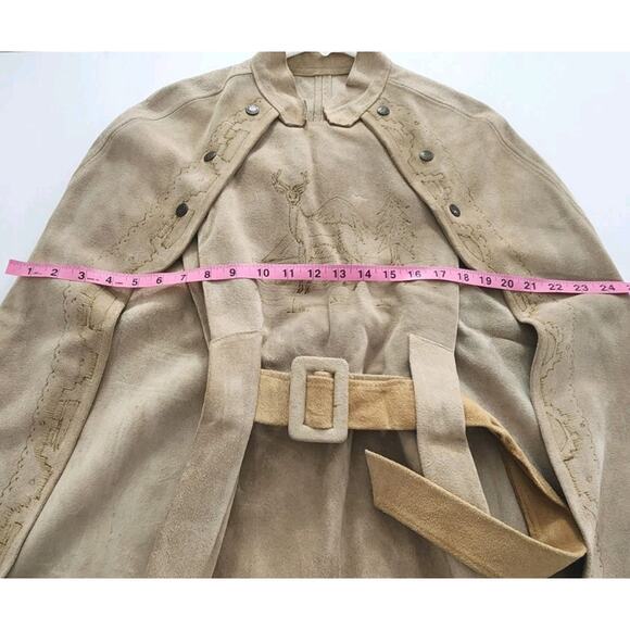 Vintage 60s 70s Leather Suede Poncho Snap Cape Hippie Boho Tan Tooled Western M - Picture 14 of 16